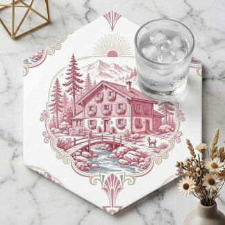 Dessous-de-verre En Papier Chalet de campagne pins enneigés alpins rustiques