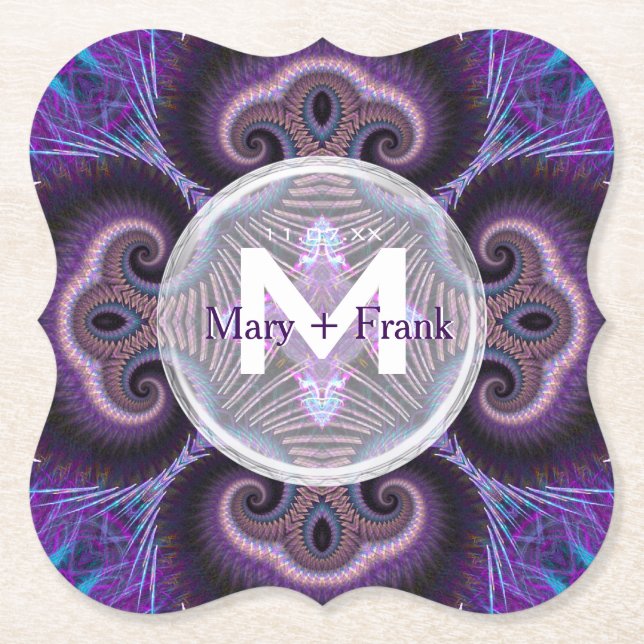 Dessous-de-verre En Papier Champignons violets Mandala Fractals Monogramme (Devant)