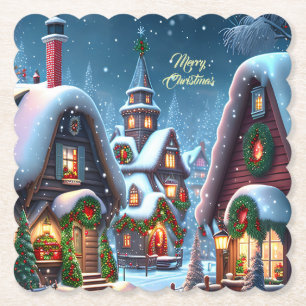 Dessous-de-verre En Papier Charmant village de Noël enneigé sur mesure