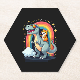Dessous-de-verre En Papier Chat chevauchant un dinosaure T-Rex Kitten Arc-en-