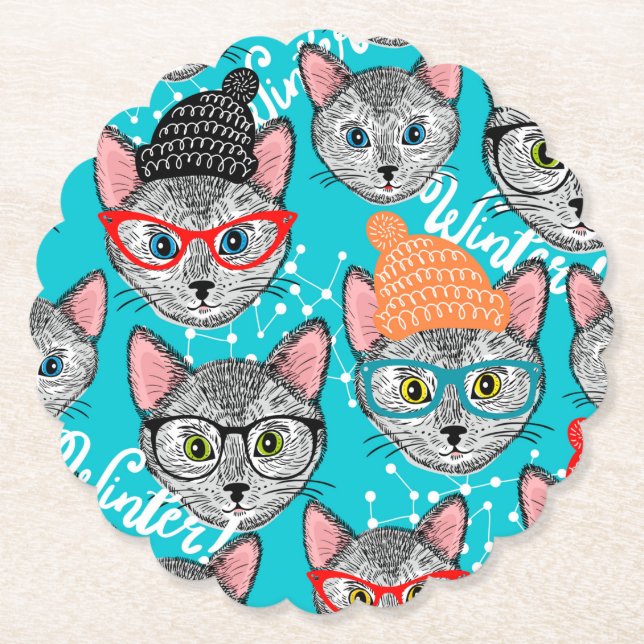Dessous-de-verre En Papier Chat dans le casquette (Devant)