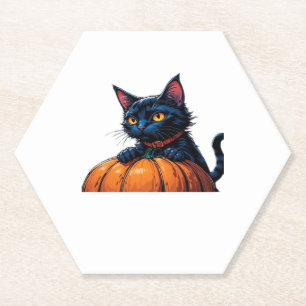 Dessous-de-verre En Papier Chat d'Halloween dans un patch de citrouille encha