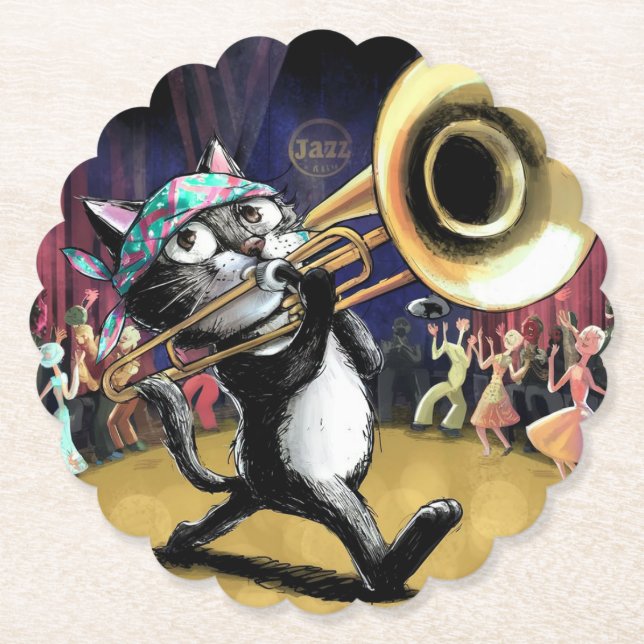 Dessous-de-verre En Papier Chat jouant à Trombone (Devant)