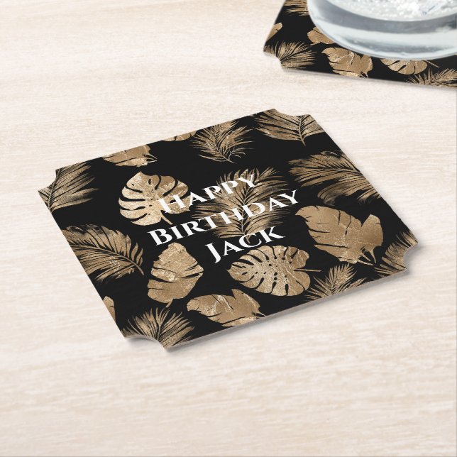Dessous-de-verre En Papier Chic Black Gold Tropical Feuilles (Incliné)