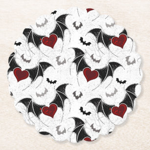 Dessous-de-verre En Papier Coeur d'Halloween avec ailes de chauve-souris noir