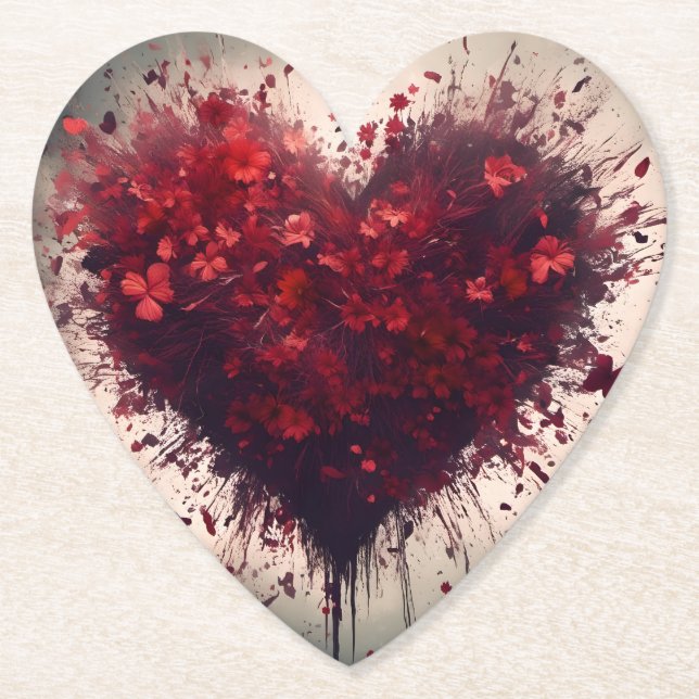 Dessous-de-verre En Papier Coeur rempli de fleurs rouges éclatantes (Devant)