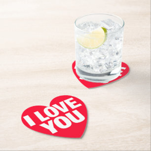Dessous-de-verre En Papier Cœur rouge avec typographie blanche "JE T'AIME" Co