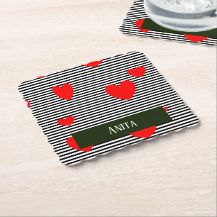 Dessous-de-verre En Papier Coeurs et rayures rouges personnalisés