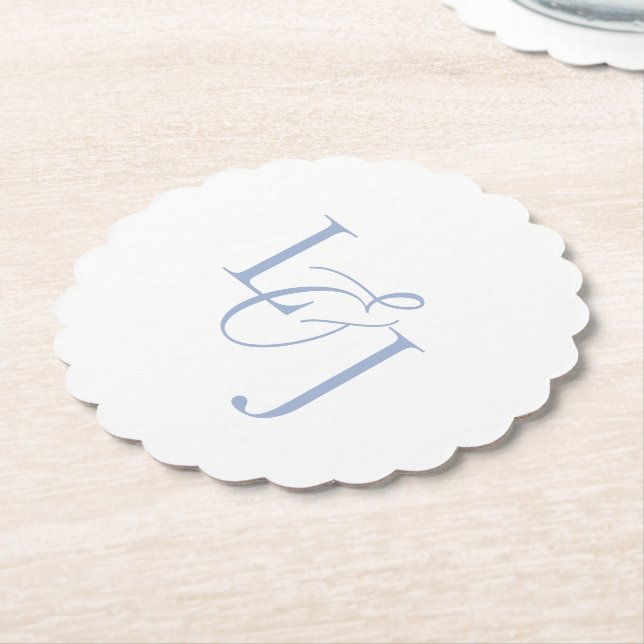 Dessous-de-verre En Papier Couple bleu Dusty Initiales Monogramme Mariage (Incliné)