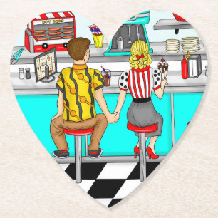 Dessous-de-verre En Papier Couple Holding Hands au dîner dans les années 1950