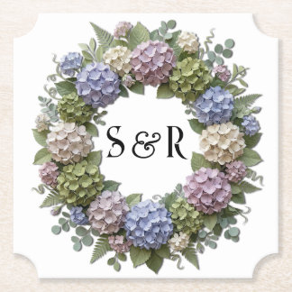 Dessous-de-verre En Papier Couronne de mariage à monogramme d'hortensia