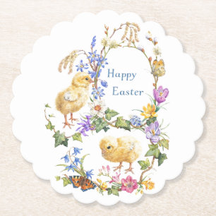 Dessous-de-verre En Papier Couronne florale de poussins aquarelle pour Pâques