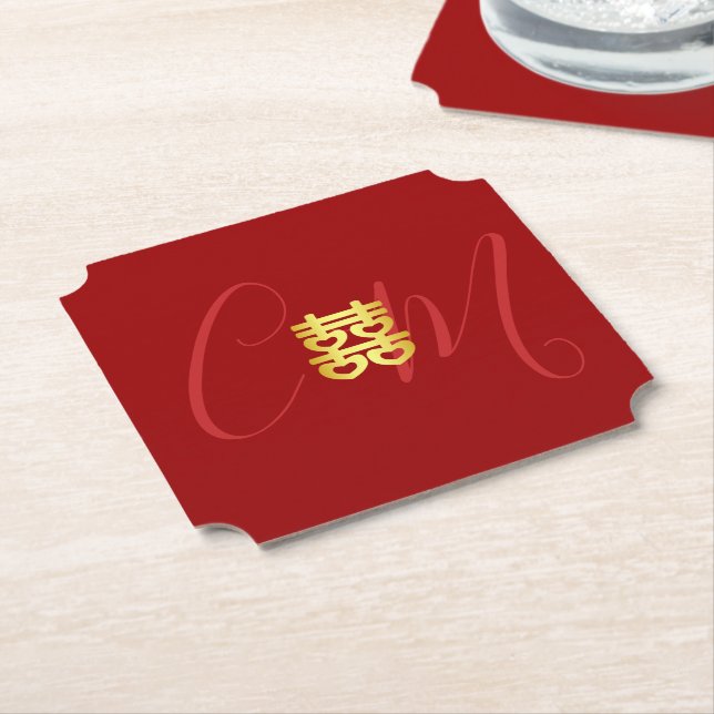 Dessous-de-verre En Papier Deux initiales mariage chinois rouge (Incliné)