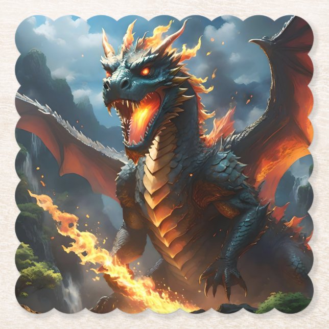 Dessous-de-verre En Papier Dragon de respiration par le feu effrayant, (Devant)