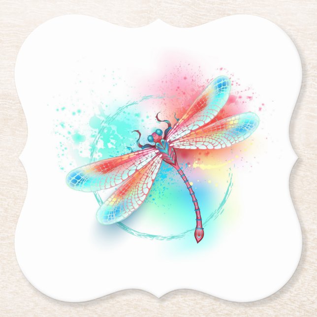 Dessous-de-verre En Papier Dragonfly rouge sur l'arrière - plan aquarelle (Devant)