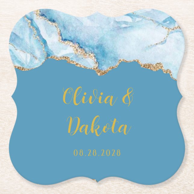 Dessous-de-verre En Papier Dusty Blue and Gold Agate Mariage personnalisé (Devant)