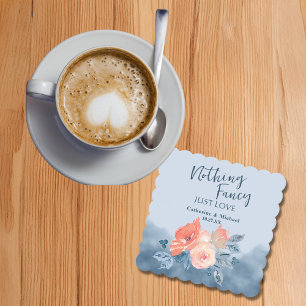 Dessous-de-verre En Papier Dusty Blue & Coral Rose Aquarelle Mariage Floral