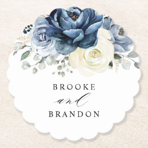 Dessous-de-verre En Papier Dusty Blue Navy Champagne Ivory Floral Mariage