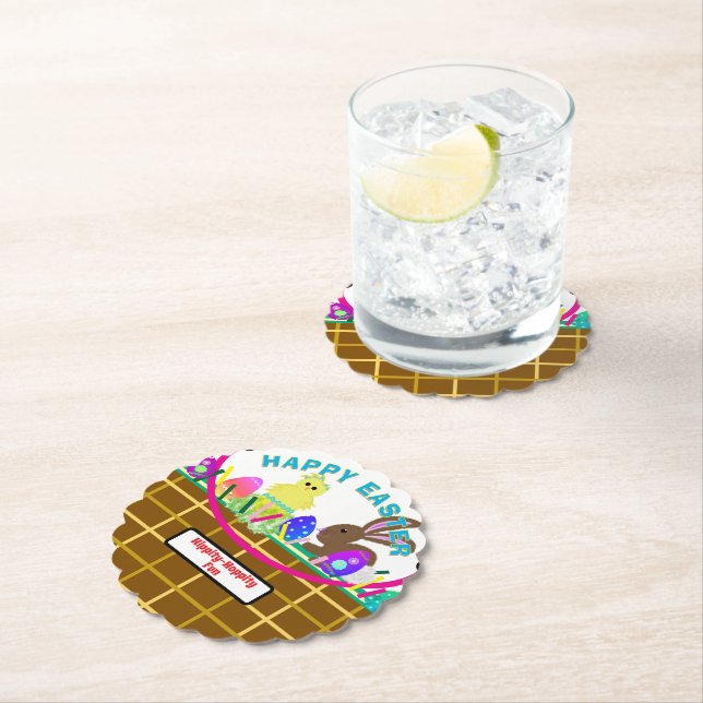 Dessous-de-verre En Papier Easter Basket Yellow Blue Chick Egg Rabbit (En situation)