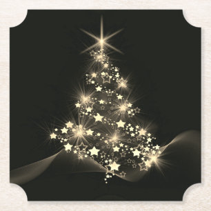 Dessous-de-verre En Papier Éclat doré des étoiles sur l'arbre de Noël sombre