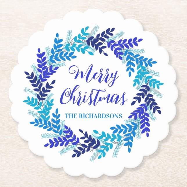 Dessous-de-verre En Papier Elégant bleu Joyeux Noël Fête Nom de la couronne (Devant)
