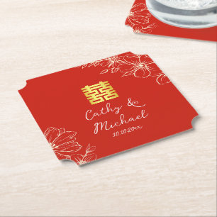 Dessous-de-verre En Papier Élégant chinois moderne script floral mariage roug