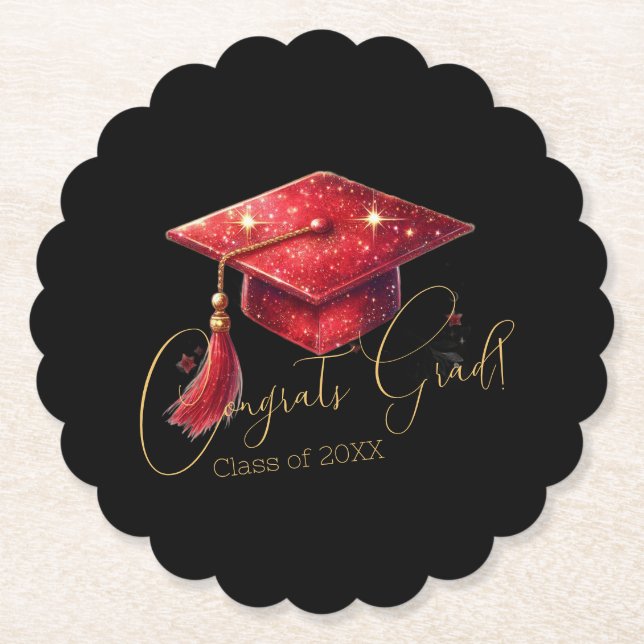 Dessous-de-verre En Papier Elegant Congrats Grad Artwork in Red, Gold & Black (Devant)