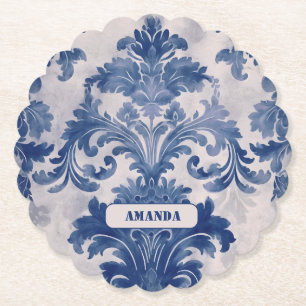 Dessous-de-verre En Papier Élégant damassé Bleu toile de jouy monogramme