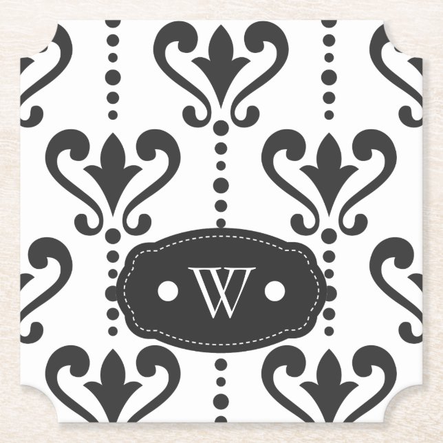 Dessous-de-verre En Papier Élégant Monogramme noir et blanc damassé (Devant)