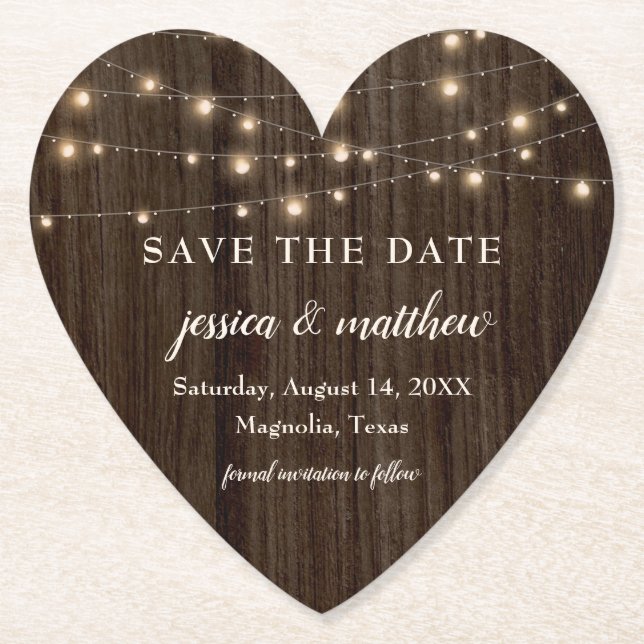 Dessous-de-verre En Papier Enregistrer la date Rustic Farmhouse String Lights (Devant)
