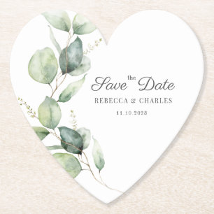 Dessous-de-verre En Papier Eucalyptus floral Script mariage Enregistrer la da