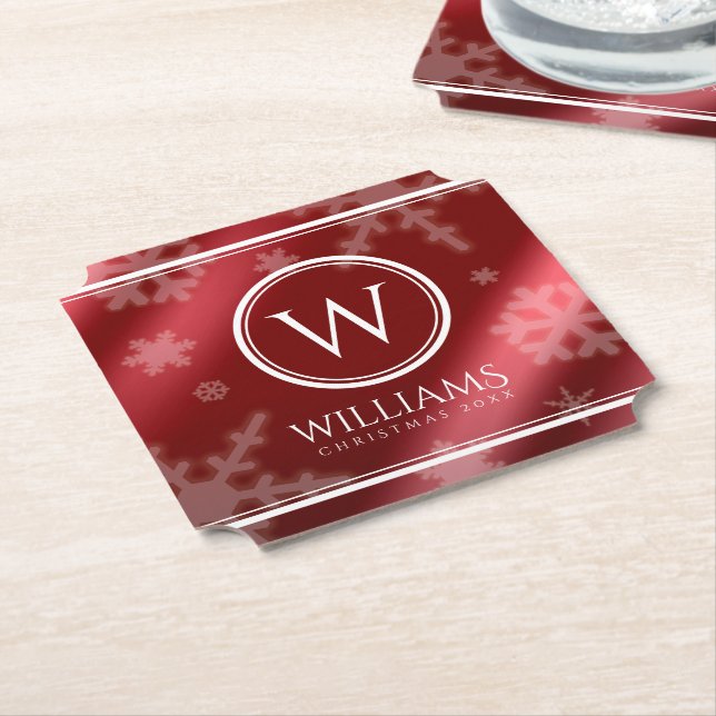 Dessous-de-verre En Papier Festif Red Foil Snowflakes Nom du monogramme (Incliné)
