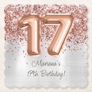 Dessous-de-verre En Papier Fête d'anniversaire 17 ans Rose Gold Argent
