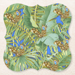 Dessous-de-verre En Papier Feuilles Golden Peacock sur Cerulean Blue