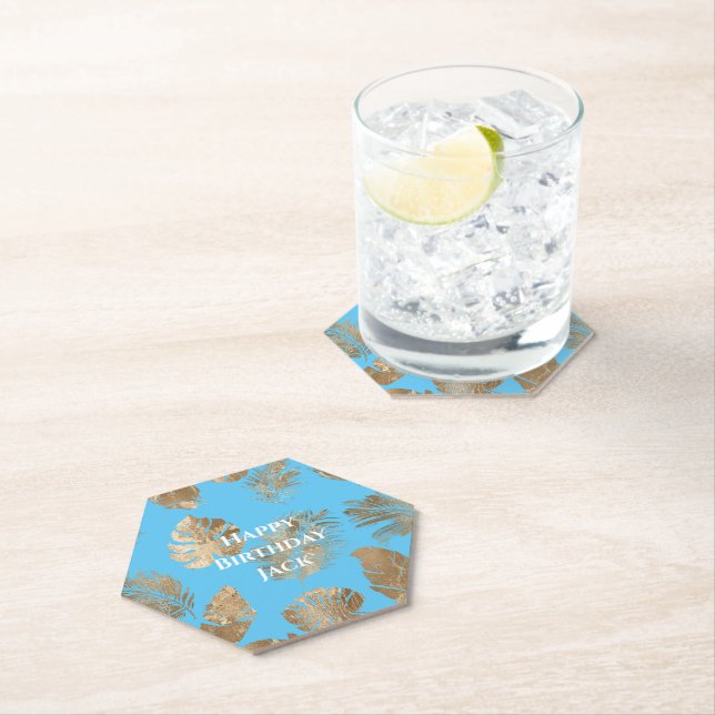 Dessous-de-verre En Papier Feuilles tropicaux Aqua Blue Gold (En situation)