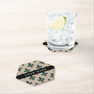 Dessous-de-verre En Papier Fleur de Lis, Vert sur Beige, Royal, Votre Nom