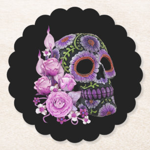 Dessous-de-verre En Papier Fleur rose Crâne de sucre noir Jour des morts