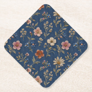 Dessous-de-verre En Papier Fleurs sauvages simples brodées sur fond de denim