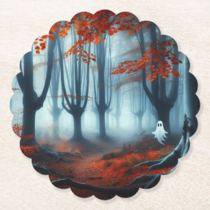 Dessous-de-verre En Papier Forêts éffrayantes d'automne avec un fantôme