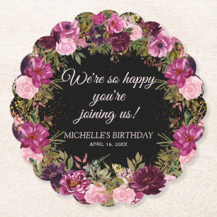 Dessous-de-verre En Papier Fuchsia Burgundy Floral Glitter Anniversaire Noir