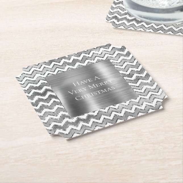 Dessous-de-verre En Papier Glam Silver White Zigzag Stripes (Incliné)