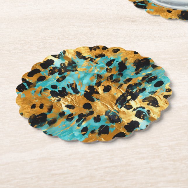 Dessous-de-verre En Papier Gold Aqua Black Leopard Animal (Incliné)