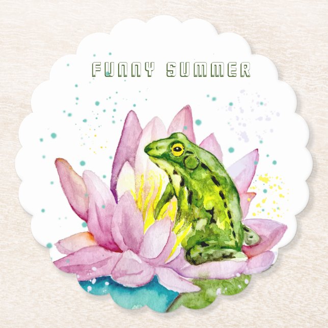 Dessous-de-verre En Papier Grenouille drôle sur un lotus (Devant)
