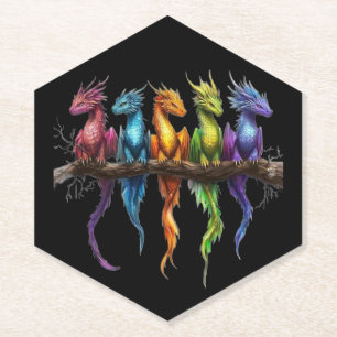 Dessous-de-verre En Papier Groupe Arc-en-ciel de bébés dragons sur fond noir