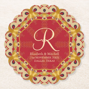 Dessous-de-verre En Papier Hexagon Love Red Gold Monogramme Noms personnalisé