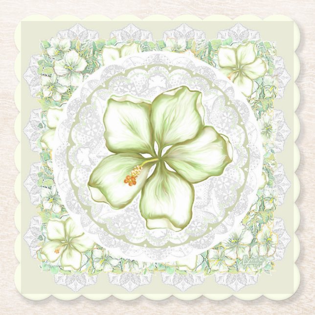Dessous-de-verre En Papier Hibiscus & dentelle BLANC (Devant)