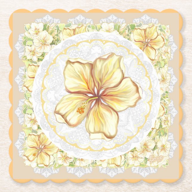 Dessous-de-verre En Papier Hibiscus & dentelle JAUNE (Devant)