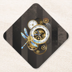 Dessous-de-verre En Papier Horloge à vapeur avec libellule mécanique