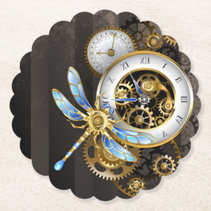 Dessous-de-verre En Papier Horloge à vapeur avec libellule mécanique