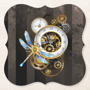 Dessous-de-verre En Papier Horloge à vapeur avec libellule mécanique